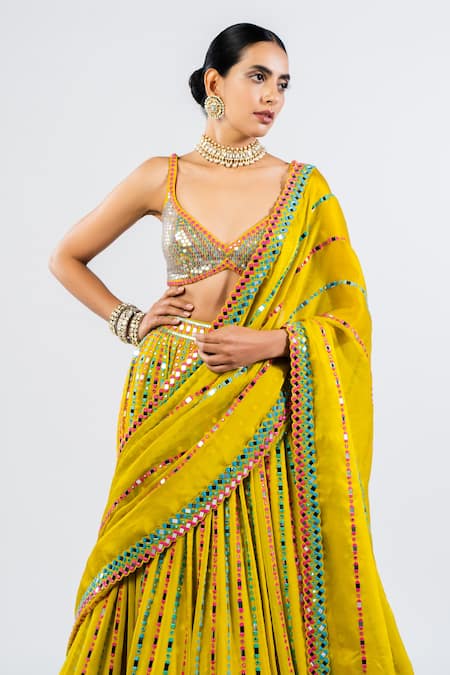 Vvani By Vani Vats Green Georgette, Satin, Organza Mirrors V-neck Linear Pattern Lehenga Set at Aza Fashions Vvani By Vani Vats_Green Georgette, Satin, Organza Mirrors V-neck Linear Pattern Lehenga Set _at_Aza_Fashions