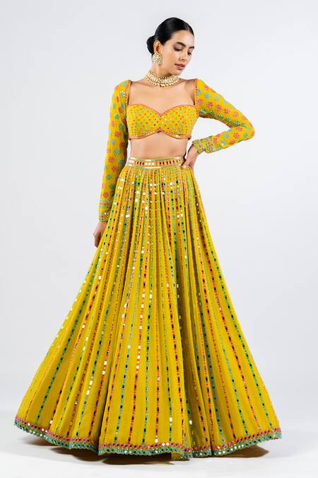 Vvani By Vani Vats Green Georgette, Satin, Organza Mirrors, Embroidery Linear Pattern Lehenga Set Online at Aza Fashions Vvani By Vani Vats_Green Georgette, Satin, Organza Mirrors, Embroidery Linear Pattern Lehenga Set _Online_at_Aza_Fashions