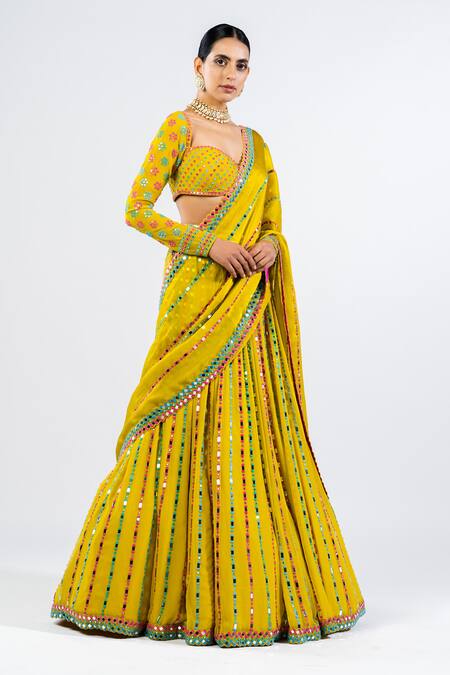Buy Vvani By Vani Vats Green Georgette, Satin, Organza Mirrors, Embroidery Linear Pattern Lehenga Set Online at Aza Fashions Buy_Vvani By Vani Vats_Green Georgette, Satin, Organza Mirrors, Embroidery Linear Pattern Lehenga Set _Online_at_Aza_Fashions