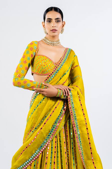 Shop Vvani By Vani Vats Green Georgette, Satin, Organza Mirrors, Embroidery Linear Pattern Lehenga Set Online at Aza Fashions Shop_Vvani By Vani Vats_Green Georgette, Satin, Organza Mirrors, Embroidery Linear Pattern Lehenga Set _Online_at_Aza_Fashions