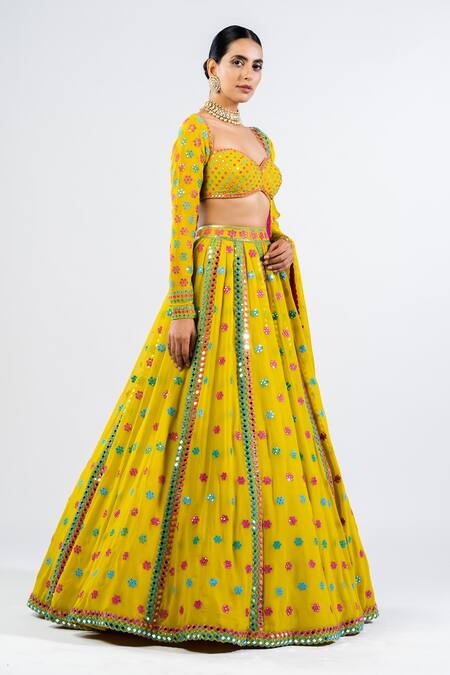 Shop Vvani By Vani Vats Green Georgette, Satin Mirrors, Embroidery Floral Pattern Lehenga Set Online at Aza Fashions Shop_Vvani By Vani Vats_Green Georgette, Satin Mirrors, Embroidery Floral Pattern Lehenga Set _Online_at_Aza_Fashions