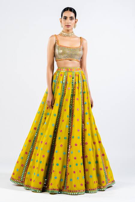Vvani By Vani Vats_Green Georgette, Satin Sequins, Mirrors Square Neck Floral Pattern Lehenga Set _Online_at_Aza_Fashions