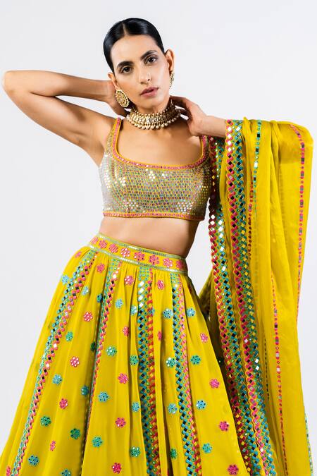 Buy_Vvani By Vani Vats_Green Georgette, Satin Sequins, Mirrors Square Neck Floral Pattern Lehenga Set _Online_at_Aza_Fashions