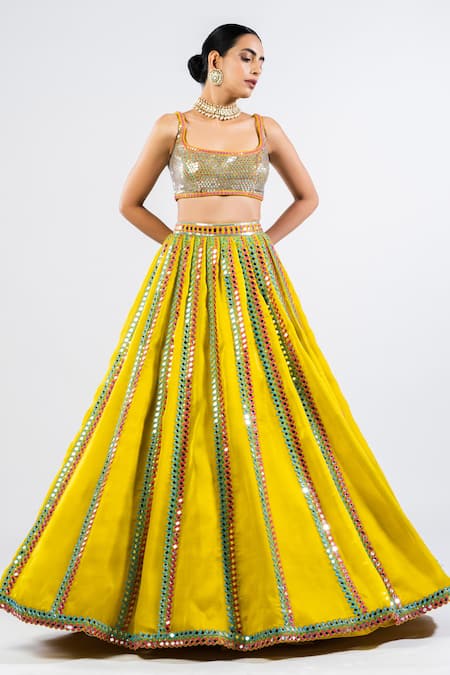 Vvani By Vani Vats Green Georgette, Satin, Organza Sequins Square Neck Stripe Pattern Lehenga Set Online at Aza Fashions Vvani By Vani Vats_Green Georgette, Satin, Organza Sequins Square Neck Stripe Pattern Lehenga Set _Online_at_Aza_Fashions