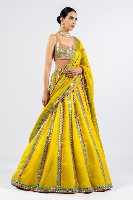 Shop Vvani By Vani Vats Green Georgette, Satin, Organza Sequins Square Neck Stripe Pattern Lehenga Set Online at Aza Fashions Shop_Vvani By Vani Vats_Green Georgette, Satin, Organza Sequins Square Neck Stripe Pattern Lehenga Set _Online_at_Aza_Fashions