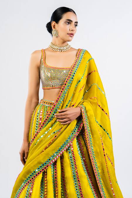 Vvani By Vani Vats Green Georgette, Satin, Organza Sequins Square Neck Stripe Pattern Lehenga Set at Aza Fashions Vvani By Vani Vats_Green Georgette, Satin, Organza Sequins Square Neck Stripe Pattern Lehenga Set _at_Aza_Fashions