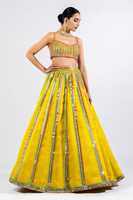 Vvani By Vani Vats Green Satin, Georgette, Organza Mirrors Embroidered Stripe Pattern Lehenga Set Online at Aza Fashions Vvani By Vani Vats_Green Satin, Georgette, Organza Mirrors Embroidered Stripe Pattern Lehenga Set _Online_at_Aza_Fashions