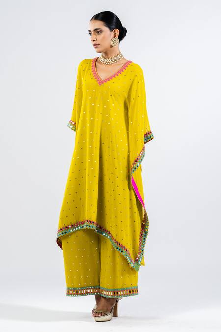 Shop Vvani By Vani Vats Green V-neck Floral Printed Mirror Work Kaftan And Palazzo Set Online at Aza Fashions Shop_Vvani By Vani Vats_Green V-neck Floral Printed Mirror Work Kaftan And Palazzo Set _Online_at_Aza_Fashions