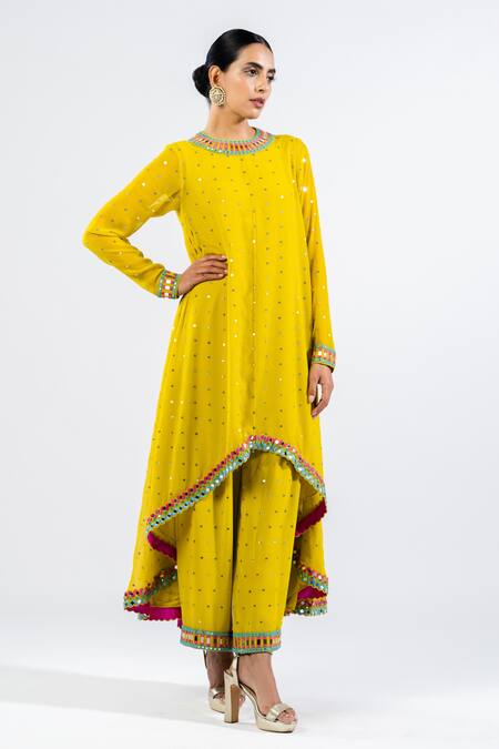 Vvani By Vani Vats Green Georgette, Silk Mirrors, Embroidery Round High Low Hem Kurta And Palazzo Set Online at Aza Fashions Vvani By Vani Vats_Green Georgette, Silk Mirrors, Embroidery Round High Low Hem Kurta And Palazzo Set _Online_at_Aza_Fashions