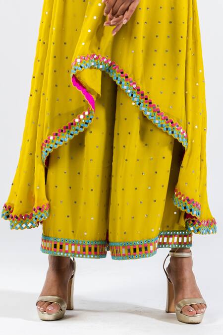 Buy Vvani By Vani Vats Green Georgette, Silk Mirrors, Embroidery Round High Low Hem Kurta And Palazzo Set Online at Aza Fashions Buy_Vvani By Vani Vats_Green Georgette, Silk Mirrors, Embroidery Round High Low Hem Kurta And Palazzo Set _Online_at_Aza_Fashions