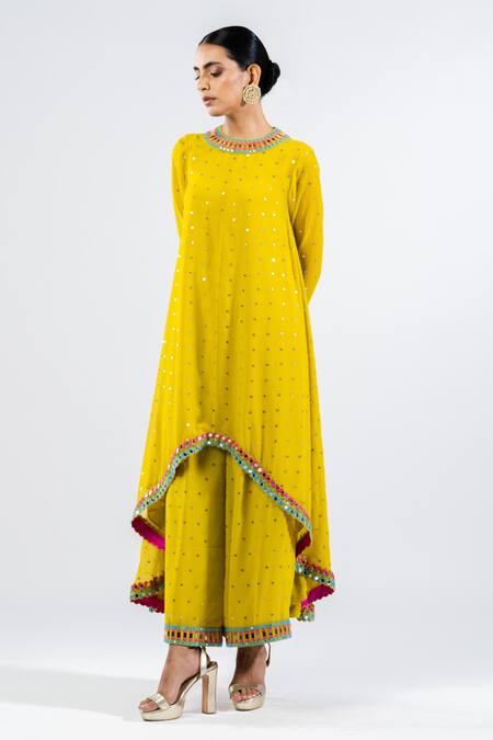 Shop Vvani By Vani Vats Green Georgette, Silk Mirrors, Embroidery Round High Low Hem Kurta And Palazzo Set Online at Aza Fashions Shop_Vvani By Vani Vats_Green Georgette, Silk Mirrors, Embroidery Round High Low Hem Kurta And Palazzo Set _Online_at_Aza_Fashions