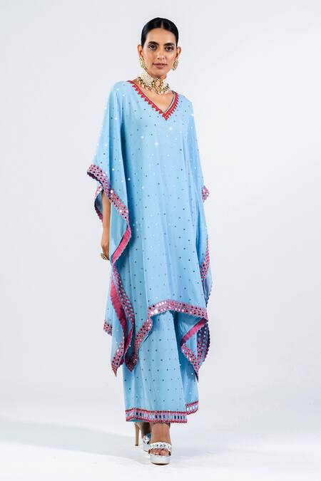 Vvani By Vani Vats Blue Georgette Mirrors, Embroidery V-neck Kaftan And Palazzo Set Online at Aza Fashions Vvani By Vani Vats_Blue Georgette Mirrors, Embroidery V-neck Kaftan And Palazzo Set _Online_at_Aza_Fashions
