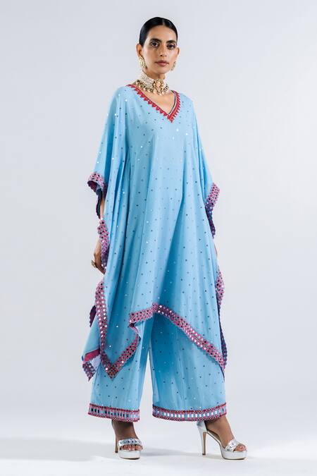 Shop Vvani By Vani Vats Blue Georgette Mirrors, Embroidery V-neck Kaftan And Palazzo Set Online at Aza Fashions Shop_Vvani By Vani Vats_Blue Georgette Mirrors, Embroidery V-neck Kaftan And Palazzo Set _Online_at_Aza_Fashions