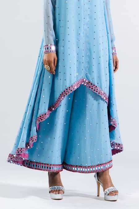 Vvani By Vani Vats Blue Georgette, Silk Mirrors, Embroidery Round High Low Hem Kurta And Palazzo Set Online at Aza Fashions Vvani By Vani Vats_Blue Georgette, Silk Mirrors, Embroidery Round High Low Hem Kurta And Palazzo Set _Online_at_Aza_Fashions
