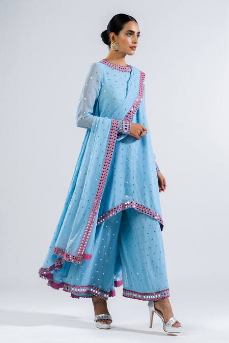 Vvani By Vani Vats Blue Georgette, Silk Mirrors, Embroidery Round Neck Work Kurta Palazzo Set Online at Aza Fashions Vvani By Vani Vats_Blue Georgette, Silk Mirrors, Embroidery Round Neck Work Kurta Palazzo Set _Online_at_Aza_Fashions