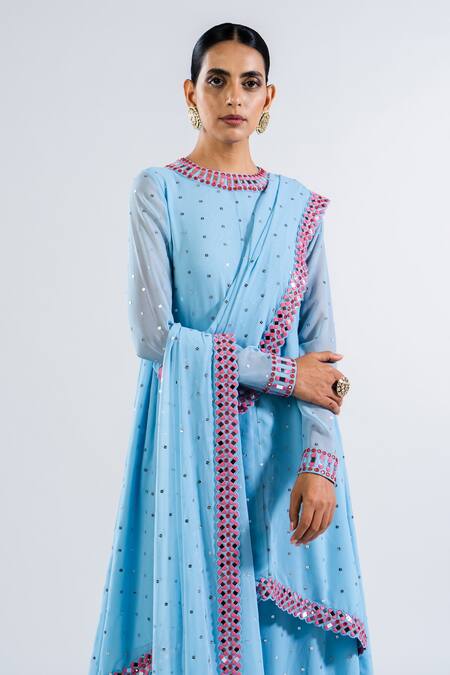 Buy Vvani By Vani Vats Blue Georgette, Silk Mirrors, Embroidery Round Neck Work Kurta Palazzo Set Online at Aza Fashions Buy_Vvani By Vani Vats_Blue Georgette, Silk Mirrors, Embroidery Round Neck Work Kurta Palazzo Set _Online_at_Aza_Fashions