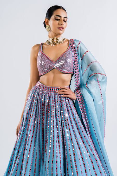 Vvani By Vani Vats Blue Georgette, Satin, Organza Sequins, Mirrors, Embroidery Ice Lehenga Set at Aza Fashions Vvani By Vani Vats_Blue Georgette, Satin, Organza Sequins, Mirrors, Embroidery Ice Lehenga Set _at_Aza_Fashions