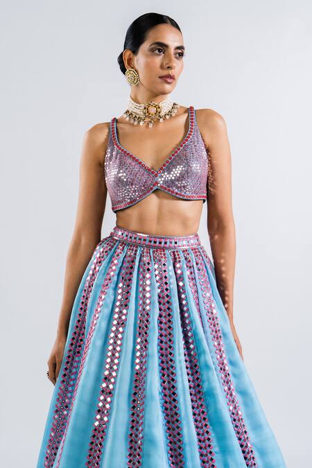 Buy Vvani By Vani Vats Blue Georgette, Satin Sequins, Mirrors Plunge Embellished Bridal Lehenga Set Online at Aza Fashions Buy_Vvani By Vani Vats_Blue Georgette, Satin Sequins, Mirrors Plunge Embellished Bridal Lehenga Set _Online_at_Aza_Fashions