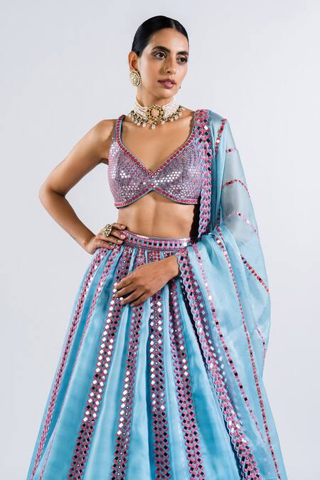 Shop Vvani By Vani Vats Blue Georgette, Satin Sequins, Mirrors Plunge Embellished Bridal Lehenga Set Online at Aza Fashions Shop_Vvani By Vani Vats_Blue Georgette, Satin Sequins, Mirrors Plunge Embellished Bridal Lehenga Set _Online_at_Aza_Fashions