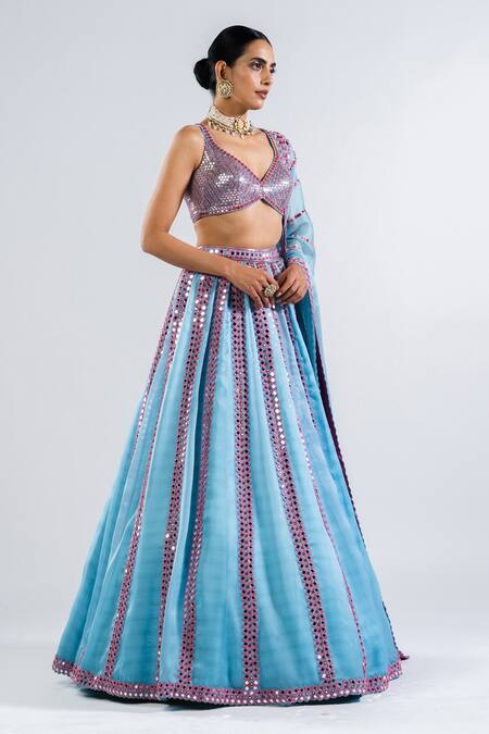 Vvani By Vani Vats Blue Georgette, Satin Sequins, Mirrors Plunge Embellished Bridal Lehenga Set at Aza Fashions Vvani By Vani Vats_Blue Georgette, Satin Sequins, Mirrors Plunge Embellished Bridal Lehenga Set _at_Aza_Fashions