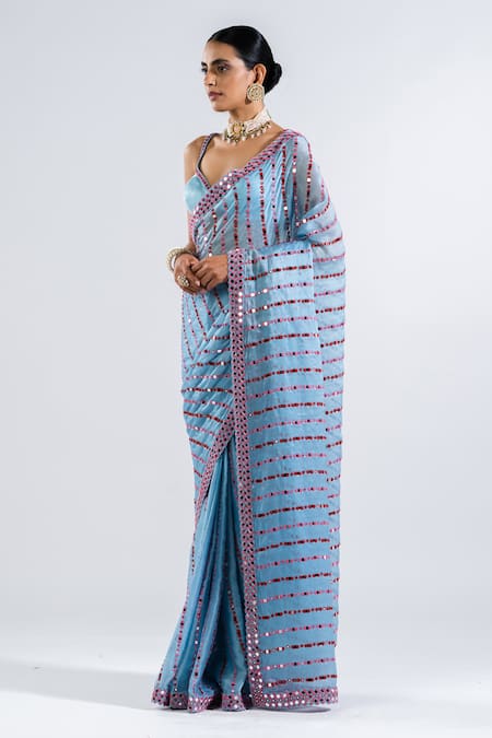Vvani by vani vats_Blue Satin Mirrors Plunge Neck Work Pre-draped Saree With Blouse _Online_at_Aza_Fashions