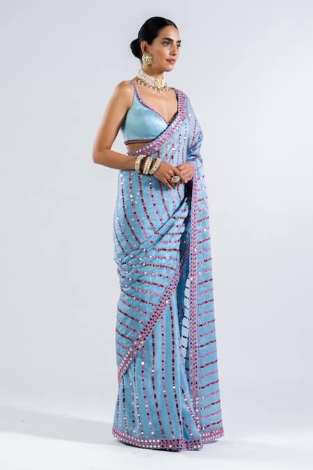 Buy_Vvani by vani vats_Blue Satin Mirrors Plunge Neck Work Pre-draped Saree With Blouse _Online_at_Aza_Fashions