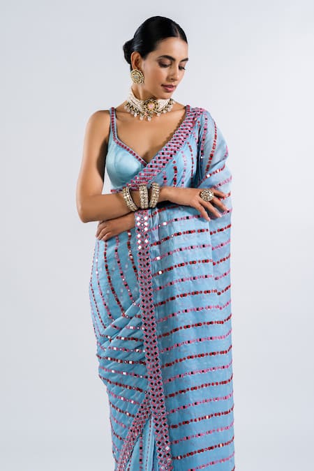 Shop_Vvani by vani vats_Blue Satin Mirrors Plunge Neck Work Pre-draped Saree With Blouse _Online_at_Aza_Fashions
