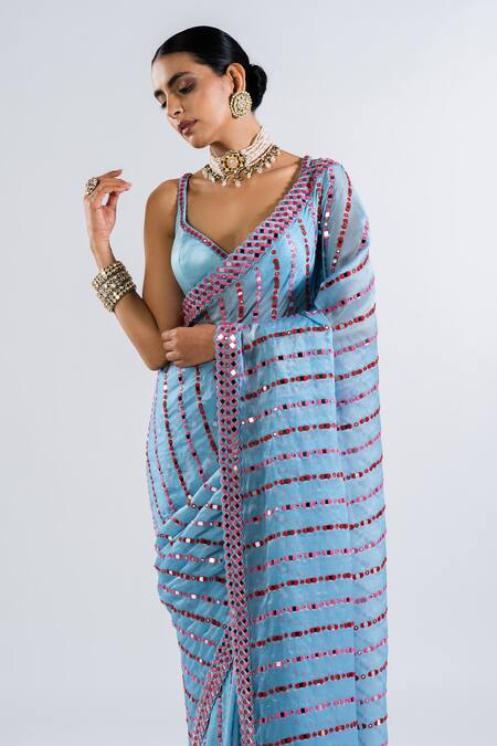 Vvani by vani vats_Blue Satin Mirrors Plunge Neck Work Pre-draped Saree With Blouse _at_Aza_Fashions