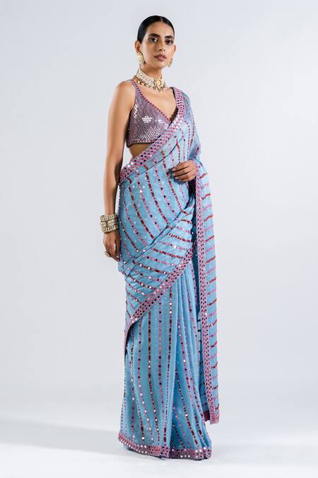 Vvani By Vani Vats_Blue Satin, Georgette Mirrors, Linear Pattern Pre-draped Saree With Blouse _Online_at_Aza_Fashions