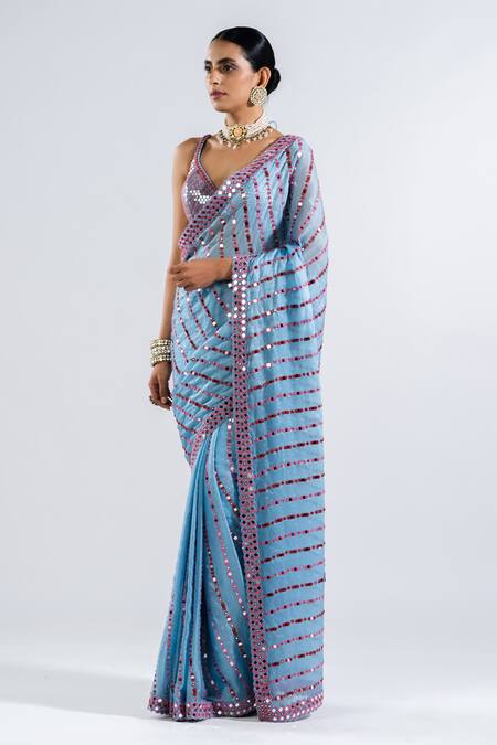 Buy_Vvani By Vani Vats_Blue Satin, Georgette Mirrors, Linear Pattern Pre-draped Saree With Blouse _Online_at_Aza_Fashions