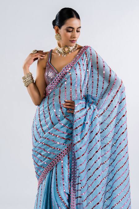 Shop_Vvani By Vani Vats_Blue Satin, Georgette Mirrors, Linear Pattern Pre-draped Saree With Blouse _Online_at_Aza_Fashions