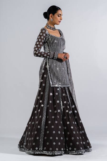 Shop Vvani By Vani Vats Grey Georgette, Net Embroidery, Mirrors Square Neck Kurta Lehenga Set Online at Aza Fashions Shop_Vvani By Vani Vats_Grey Georgette, Net Embroidery, Mirrors Square Neck Kurta Lehenga Set _Online_at_Aza_Fashions