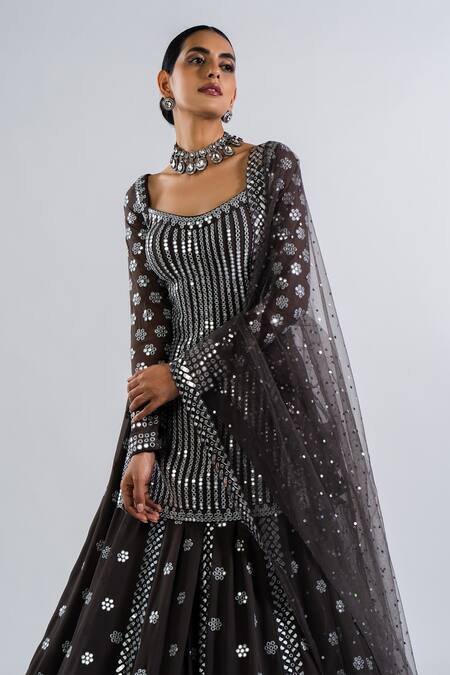 Vvani By Vani Vats Grey Georgette, Net Embroidery, Mirrors Square Neck Kurta Lehenga Set at Aza Fashions Vvani By Vani Vats_Grey Georgette, Net Embroidery, Mirrors Square Neck Kurta Lehenga Set _at_Aza_Fashions