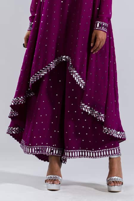 Vvani By Vani Vats Wine Georgette, Silk Mirrors Round Neck Chheeta Work Kurta And Palazzo Set Online at Aza Fashions Vvani By Vani Vats_Wine Georgette, Silk Mirrors Round Neck Chheeta Work Kurta And Palazzo Set _Online_at_Aza_Fashions