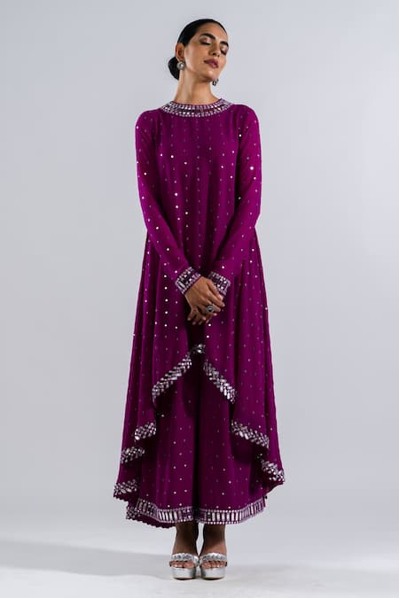 Buy Vvani By Vani Vats Wine Georgette, Silk Mirrors Round Neck Chheeta Work Kurta And Palazzo Set Online at Aza Fashions Buy_Vvani By Vani Vats_Wine Georgette, Silk Mirrors Round Neck Chheeta Work Kurta And Palazzo Set _Online_at_Aza_Fashions