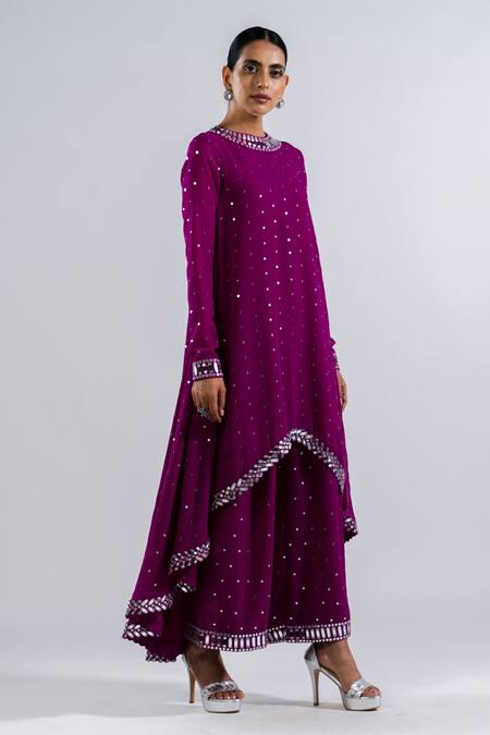 Shop Vvani By Vani Vats Wine Georgette, Silk Mirrors Round Neck Chheeta Work Kurta And Palazzo Set Online at Aza Fashions Shop_Vvani By Vani Vats_Wine Georgette, Silk Mirrors Round Neck Chheeta Work Kurta And Palazzo Set _Online_at_Aza_Fashions