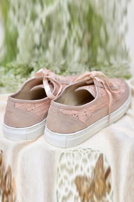 Shop Coral Haze Peach Valencia Lace Panel Wedding Sneakers Online at Aza Fashions Shop_Coral Haze_Peach Valencia Lace Panel Wedding Sneakers_Online_at_Aza_Fashions