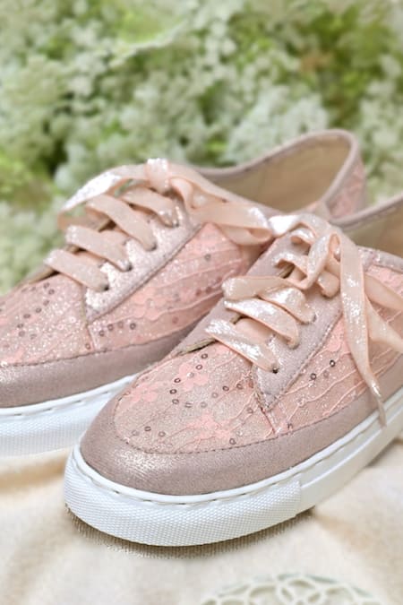 Coral Haze Peach Valencia Lace Panel Wedding Sneakers Online at Aza Fashions Coral Haze_Peach Valencia Lace Panel Wedding Sneakers_Online_at_Aza_Fashions