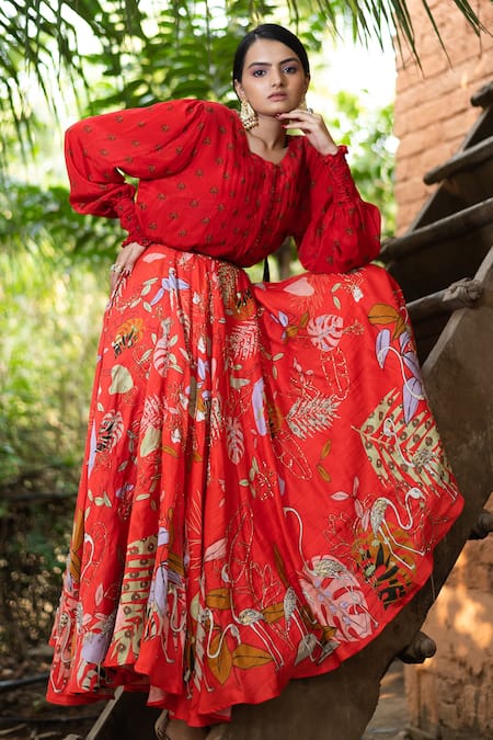 Vana Ethnics_Red Linen And Viscose Tropical Print, Sequin & Bugle Floral Shirt & Lehenga Set _Online_at_Aza_Fashions