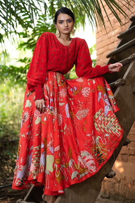 Shop_Vana Ethnics_Red Linen And Viscose Tropical Print, Sequin & Bugle Floral Shirt & Lehenga Set _Online_at_Aza_Fashions