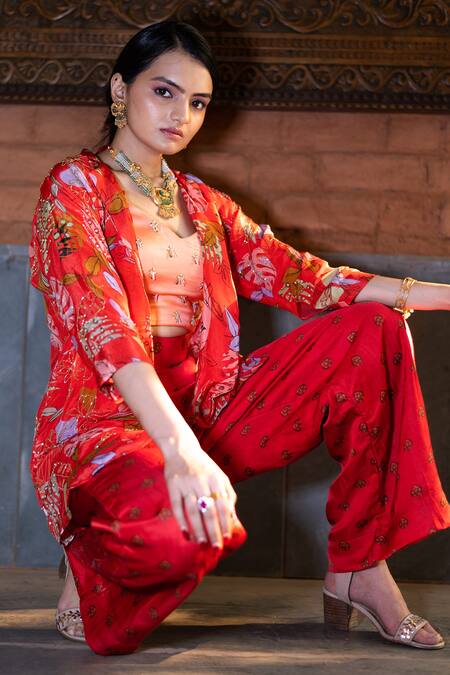 Vana Ethnics Red Viscose Tropical Print, Sequin And Bugle Beads Leaf Neck Shirt & Palazzo Set Online at Aza Fashions Vana Ethnics_Red Viscose Tropical Print, Sequin And Bugle Beads Leaf Neck Shirt & Palazzo Set _Online_at_Aza_Fashions