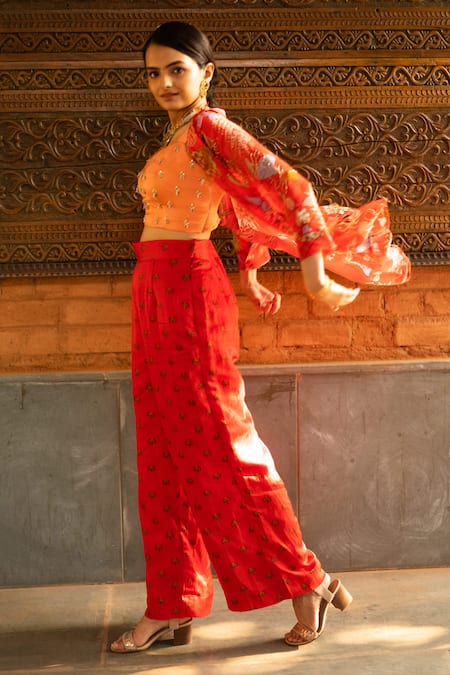 Shop Vana Ethnics Red Viscose Tropical Print, Sequin And Bugle Beads Leaf Neck Shirt & Palazzo Set Online at Aza Fashions Shop_Vana Ethnics_Red Viscose Tropical Print, Sequin And Bugle Beads Leaf Neck Shirt & Palazzo Set _Online_at_Aza_Fashions