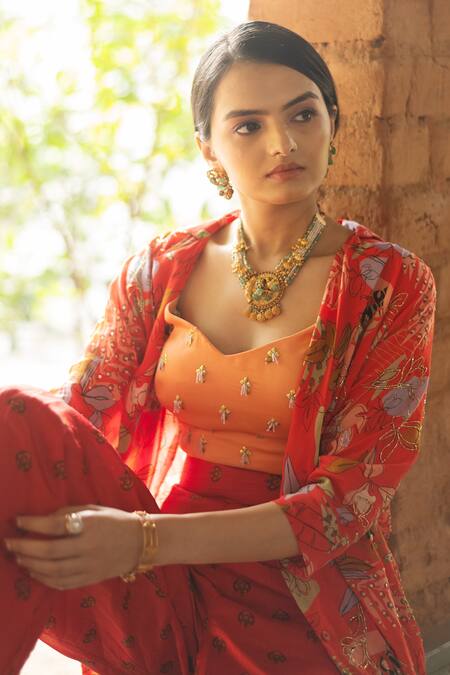 Vana Ethnics Red Viscose Tropical Print, Sequin And Bugle Beads Leaf Neck Shirt & Palazzo Set at Aza Fashions Vana Ethnics_Red Viscose Tropical Print, Sequin And Bugle Beads Leaf Neck Shirt & Palazzo Set _at_Aza_Fashions