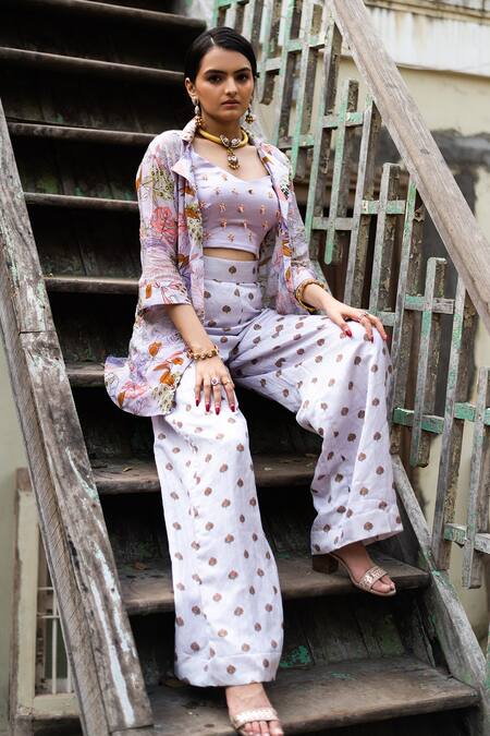 Vana Ethnics Purple Viscose Tropical Print, Sequin And Bugle Beads Leaf Shirt & Palazzo Set Online at Aza Fashions Vana Ethnics_Purple Viscose Tropical Print, Sequin And Bugle Beads Leaf Shirt & Palazzo Set _Online_at_Aza_Fashions