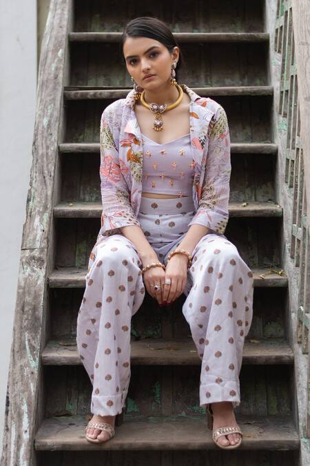 Buy Vana Ethnics Purple Viscose Tropical Print, Sequin And Bugle Beads Leaf Shirt & Palazzo Set Online at Aza Fashions Buy_Vana Ethnics_Purple Viscose Tropical Print, Sequin And Bugle Beads Leaf Shirt & Palazzo Set _Online_at_Aza_Fashions