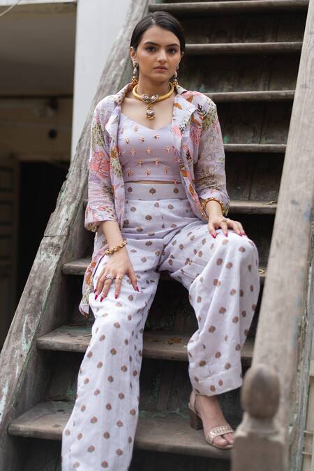 Shop Vana Ethnics Purple Viscose Tropical Print, Sequin And Bugle Beads Leaf Shirt & Palazzo Set Online at Aza Fashions Shop_Vana Ethnics_Purple Viscose Tropical Print, Sequin And Bugle Beads Leaf Shirt & Palazzo Set _Online_at_Aza_Fashions