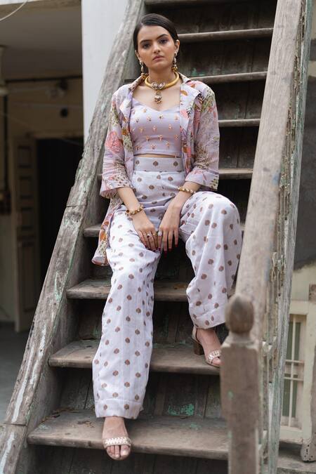 Vana Ethnics Purple Viscose Tropical Print, Sequin And Bugle Beads Leaf Shirt & Palazzo Set at Aza Fashions Vana Ethnics_Purple Viscose Tropical Print, Sequin And Bugle Beads Leaf Shirt & Palazzo Set _at_Aza_Fashions