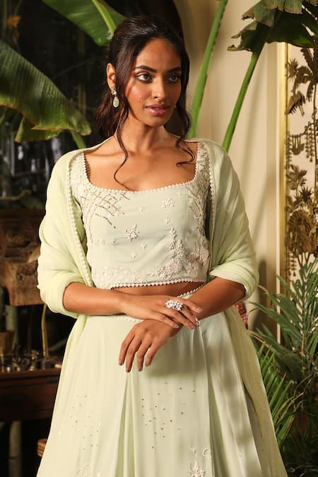 Buy_Sahil Kochhar_Green Net, Viscose Lace, Embroidery Vasanti Checkered Lehenga And Blouse Set _Online_at_Aza_Fashions