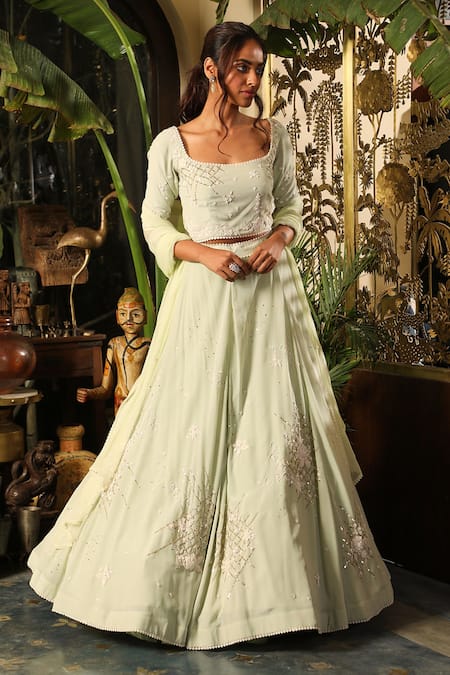 Shop_Sahil Kochhar_Green Net, Viscose Lace, Embroidery Vasanti Checkered Lehenga And Blouse Set _Online_at_Aza_Fashions