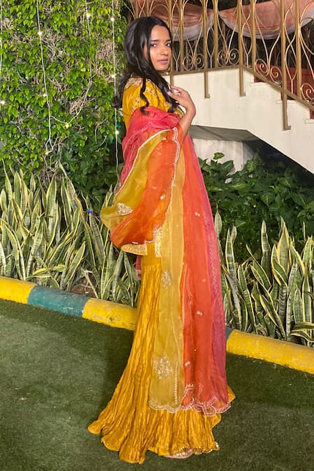 Vashisht Guru Dutt Yellow Floral, Sequins V Neck Embroidered Kurta Sharara Set Online at Aza Fashions Vashisht Guru Dutt_Yellow Floral, Sequins V Neck Embroidered Kurta Sharara Set _Online_at_Aza_Fashions